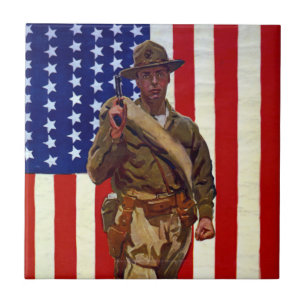 Vintage Patriotic Soldier with American Flag Tile