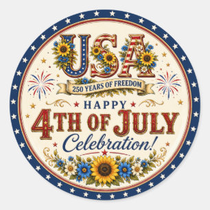 Vintage Patriotic Sunflower 4th of July 250 Years Classic Round Sticker