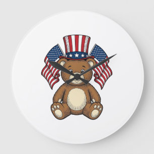 Vintage Patriotic Teddy Bear Vector Design_1 Large Clock
