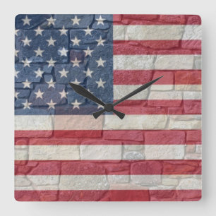 Vintage Patriotic USA Flag on Stone Wall Square Wall Clock
