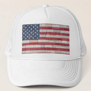Vintage Patriotic USA Flag on Stone Wall Trucker Hat
