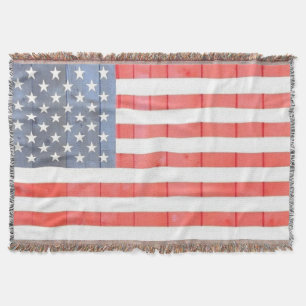 Vintage Patriotic USA Flag on Wooden Fence Throw Blanket