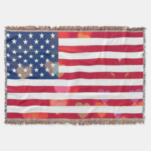 Vintage Patriotic USA Flag with colourful hearts Throw Blanket