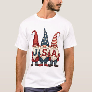 Vintage Patriotic USA Gnome Trio Red White Blue Fo T-Shirt