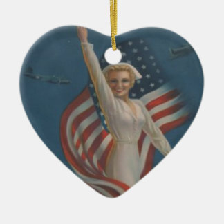 Vintage Patriotic WW2 Army Nurse with Flag Ceramic Tree Decoration