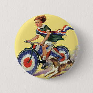 Vintage Patriotism, Girl Riding a Patriotic Bike 6 Cm Round Badge