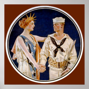 Vintage Patriotism, Lady Liberty with Navy Man Poster