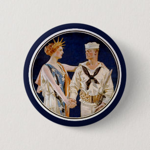Vintage Patriotism, Lady Liberty with Navy Seaman 6 Cm Round Badge