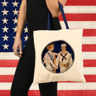 Vintage Patriotism, Lady Liberty with Navy Seaman Tote Bag
