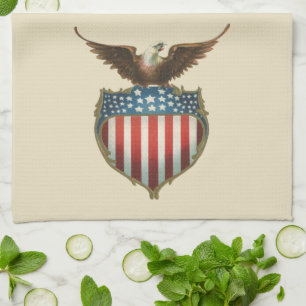Vintage Patriotism, Proud Eagle over American Flag Tea Towel
