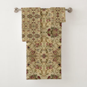 Vintage Pattern Beige Burgundy Bath Towel Set