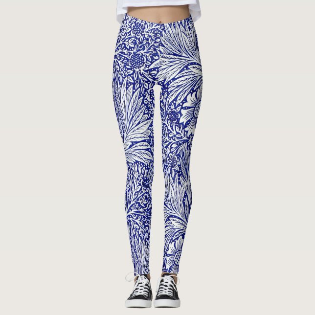 Vintage Pattern Blue & White Floral Leggings (Front)