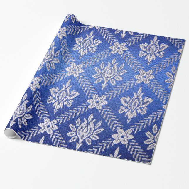 Vintage Pattern Fabric Blue Wrapping Paper (Unrolled)