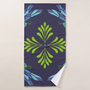 Vintage pattern green blue dragonfly on dark backg bath towel