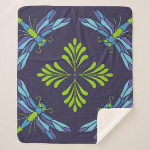 Vintage pattern green blue dragonfly on dark backg sherpa blanket