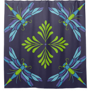 Vintage pattern green blue dragonfly on dark backg shower curtain