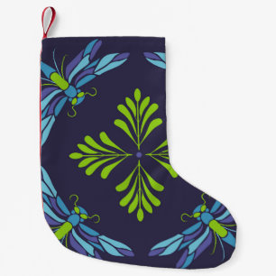 Vintage pattern green blue dragonfly on dark backg small christmas stocking