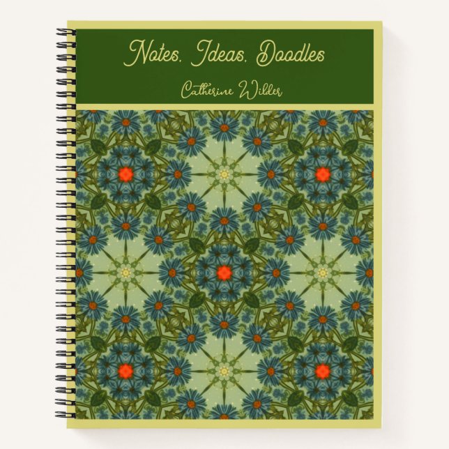 Vintage pattern in Green with Blue Flowers Notebook (Front)