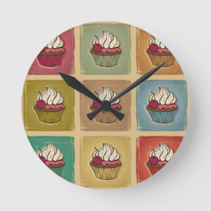 Vintage pattern made of cupcakes round clock