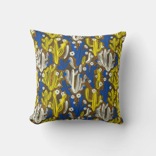 Vintage pattern with cactus on black background. S Cushion