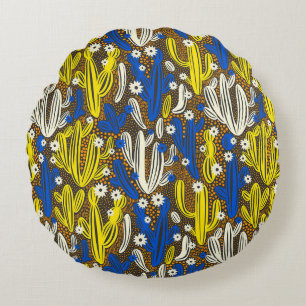 Vintage pattern with cactus on black background. S Round Cushion