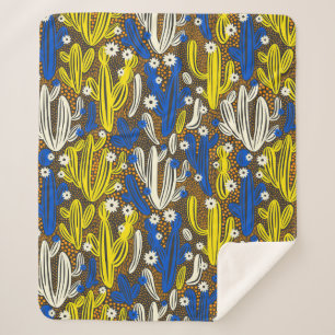 Vintage pattern with cactus on black background. S Sherpa Blanket