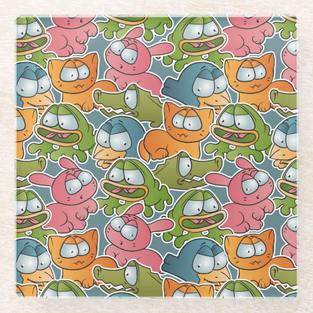 Vintage pattern with cartoon animals glass coaster (Front)