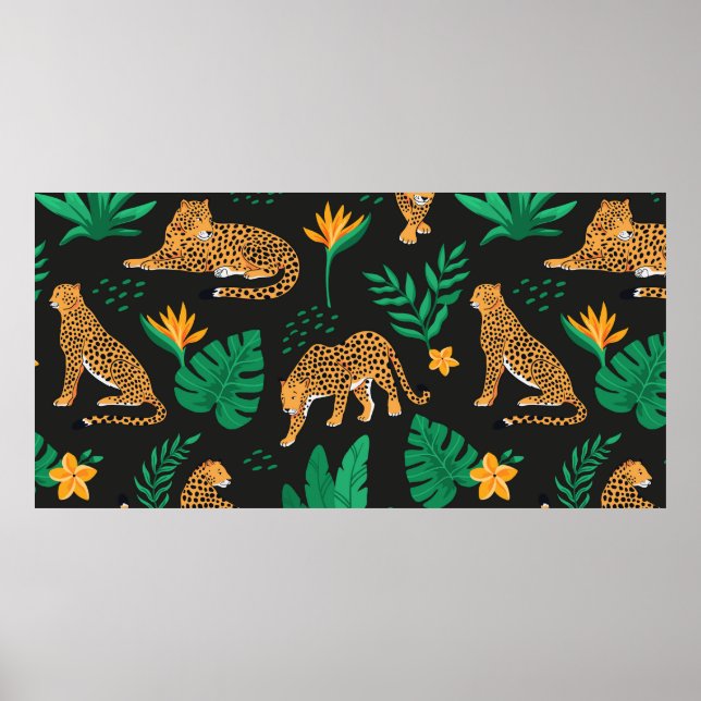 Vintage pattern with leopards and tropical leaves  poster (Front)