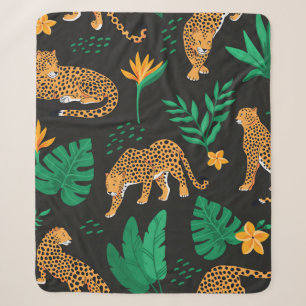 Vintage pattern with leopards and tropical leaves sherpa blanket