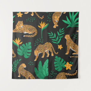 Vintage pattern with leopards and tropical leaves  tapestry