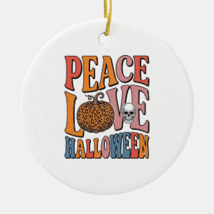 Vintage Peace Love Halloween Pumpkin Skull Design_ Ceramic Tree Decoration