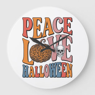 Vintage Peace Love Halloween Pumpkin Skull Design_ Large Clock