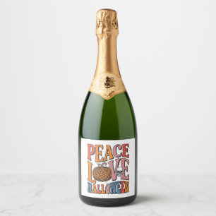 Vintage Peace Love Halloween Pumpkin Skull Design_ Sparkling Wine Label