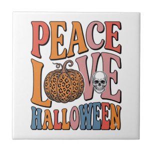 Vintage Peace Love Halloween Pumpkin Skull Design_ Tile