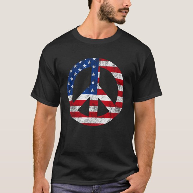Vintage Peace Sign Symbol American Flag 4th July T-Shirt (Front)