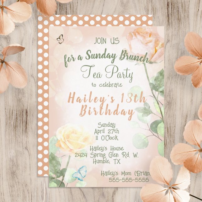 Vintage Peach 13th Birthday Tea Party Brunch Invitation (peach pink light green birthday brunch tea party invitation, vintage, cute polka dots, roses)