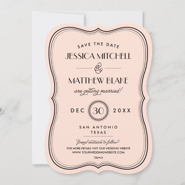 Vintage Peach Art Deco Monogram Save the Date (Front)