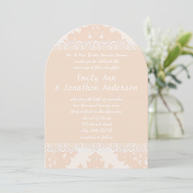 Vintage Peach Damask Monogram Wedding Invitations (Standing Front)