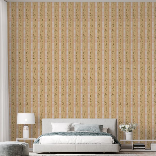 Vintage Peach Floral and Stripes Wallpaper (Bedroom)