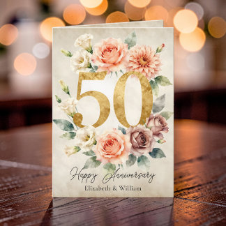 Vintage Peach Floral Gold 50th Wedding Anniversary Card