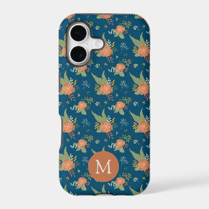 Vintage Peach Flower Pattern Dark Blue Monogram