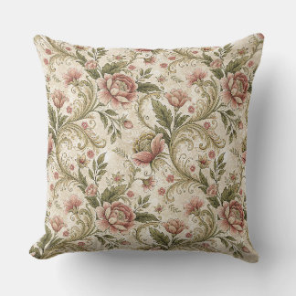 Vintage Peach & Green Floral Scroll Damask Design Cushion