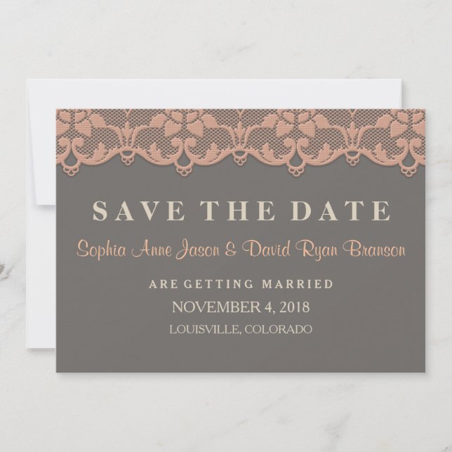Vintage Peach Grey Lace Wedding SAVE THE DATE (Front)