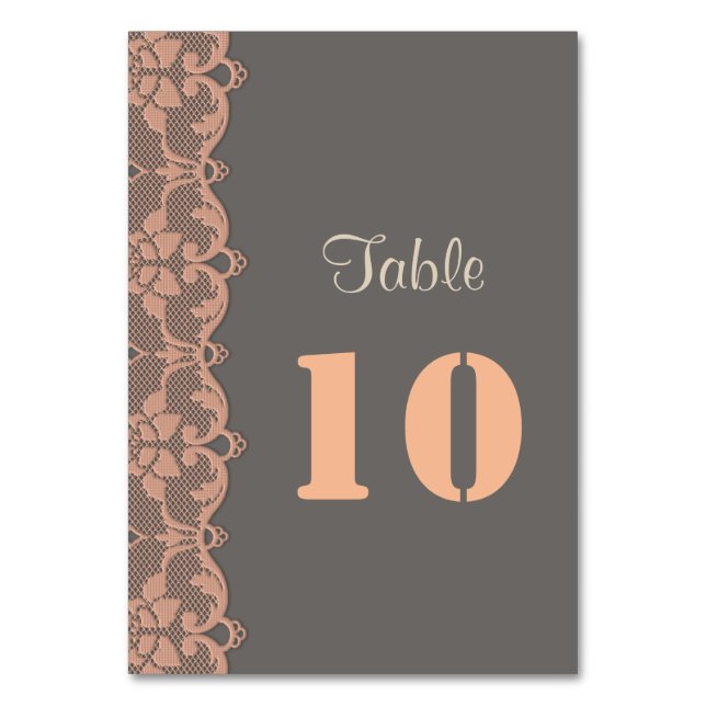 Vintage Peach Grey Lace Wedding Table Number (Front)