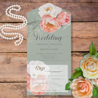 Vintage Peach Peonies on Sage Green No Dinner