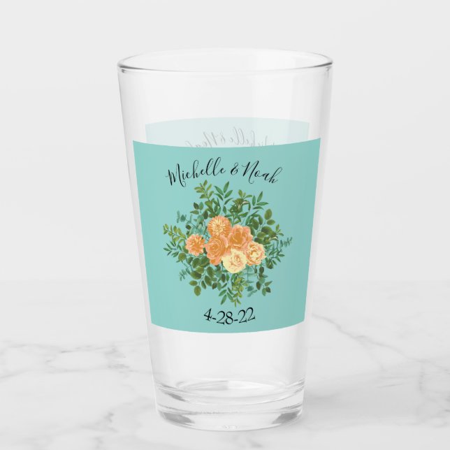 Vintage Peach Rose Wedding on Aqua Teal Glass (Front)