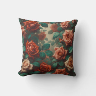 “Vintage Peach Roses with Raindrops" Cushion