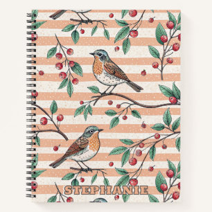 Vintage Peach Songbird Berry Branch Pattern Notebook