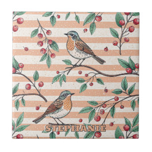 Vintage Peach Songbird Berry Branch Pattern Tile