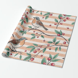 Vintage Peach Songbird Berry Branch Pattern Wrapping Paper